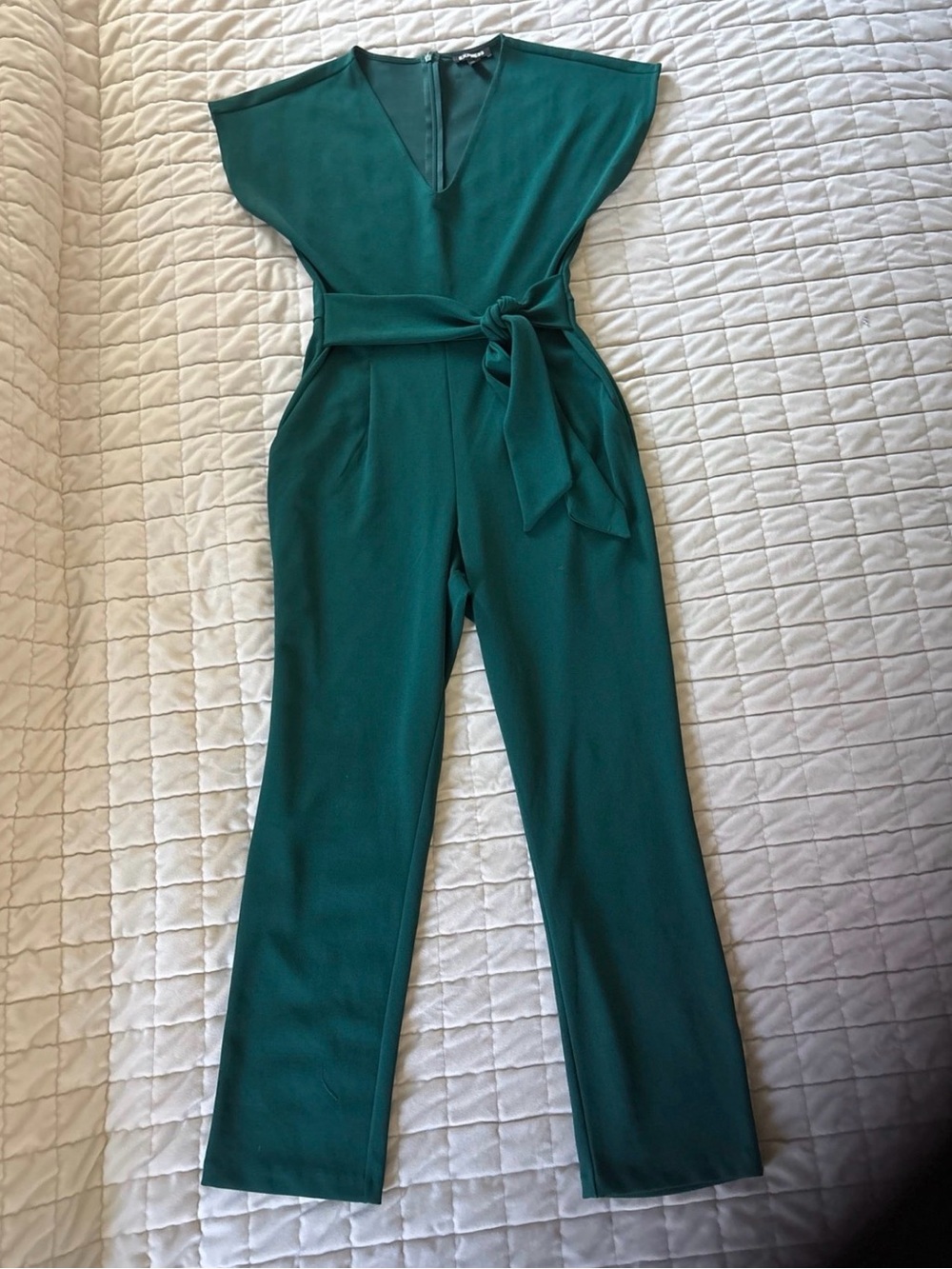 Express Deep Green V-Neck Jumpsuit with Self Tie Waist